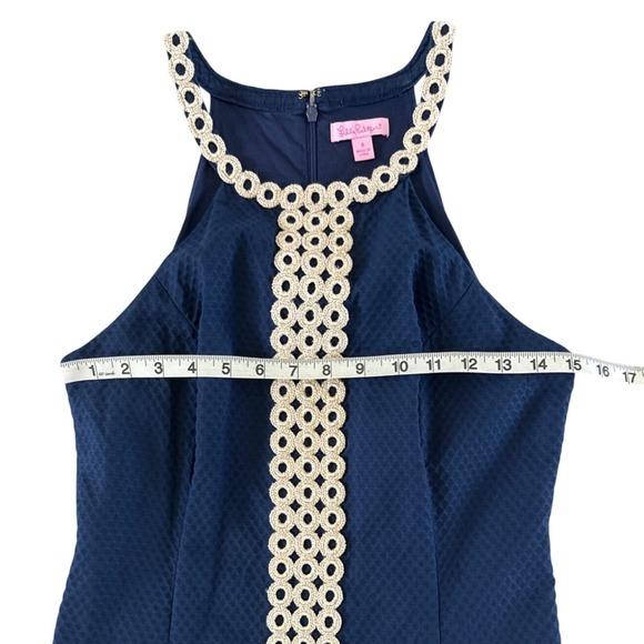 Lilly Pulitzer Sasha Shift Dress Halter Size 8 Navy Blue Metallic Gold Resort - Picture 7 of 15